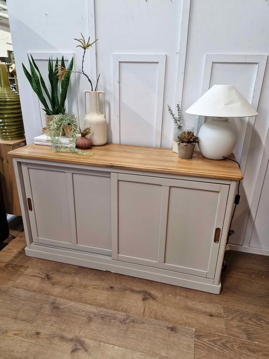Solid wood sideboard with sliding doors grey stone snd oak / Oak Furnitureland Henley