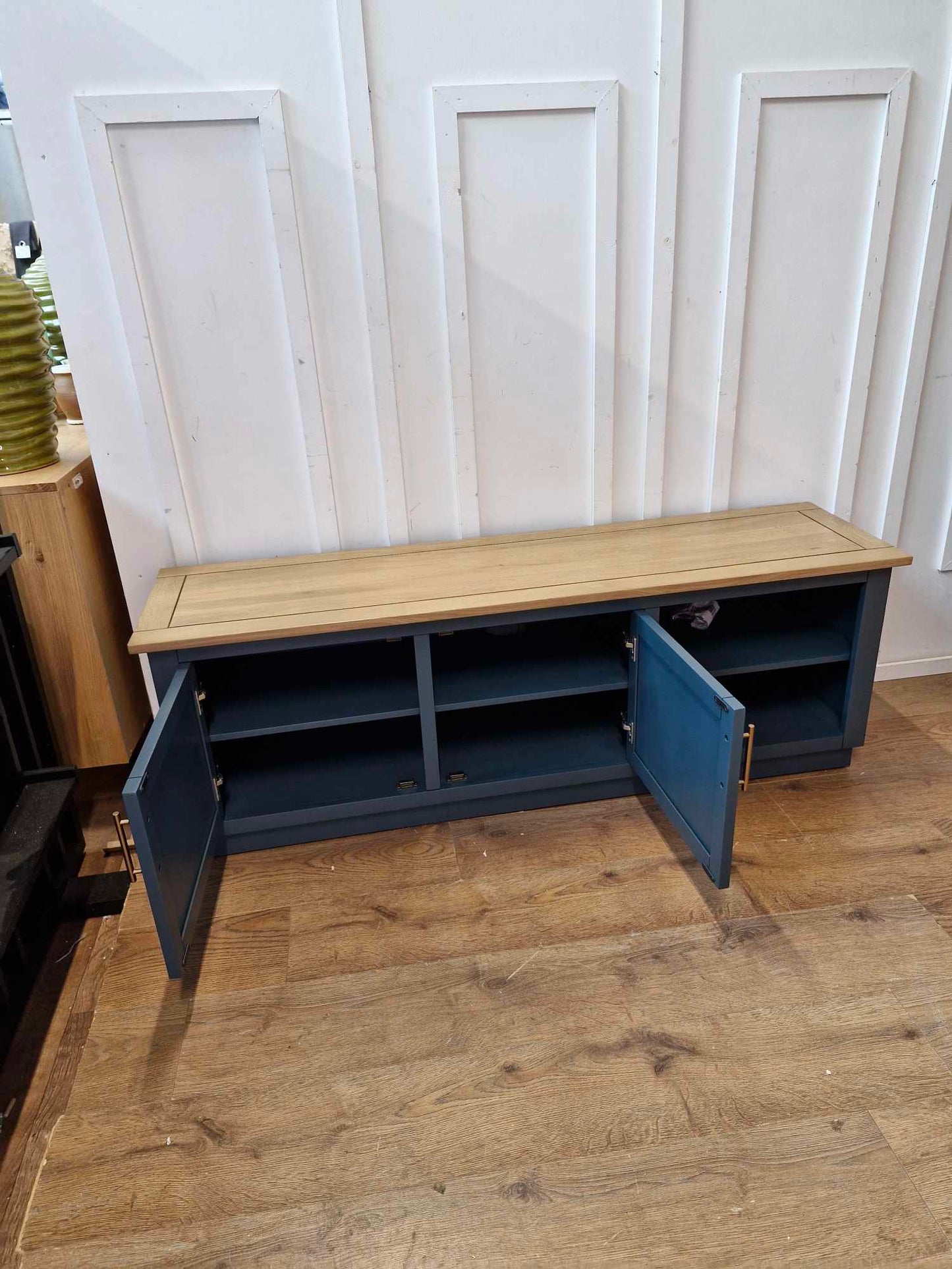 Solid Oak TV Stand / Smoked Oak and Ink Blue / Oak FurnitureLand Richmond