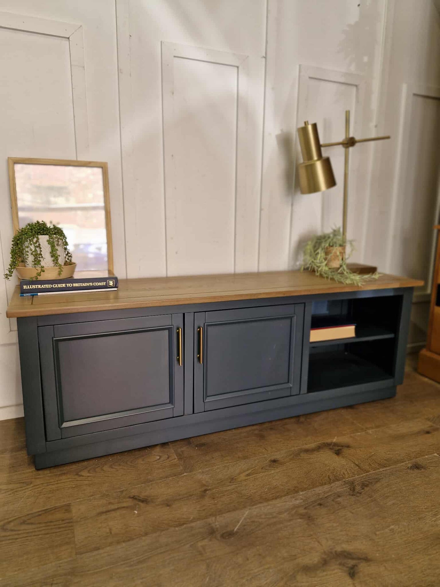 Solid Oak TV Stand / Smoked Oak and Ink Blue / Oak FurnitureLand Richmond