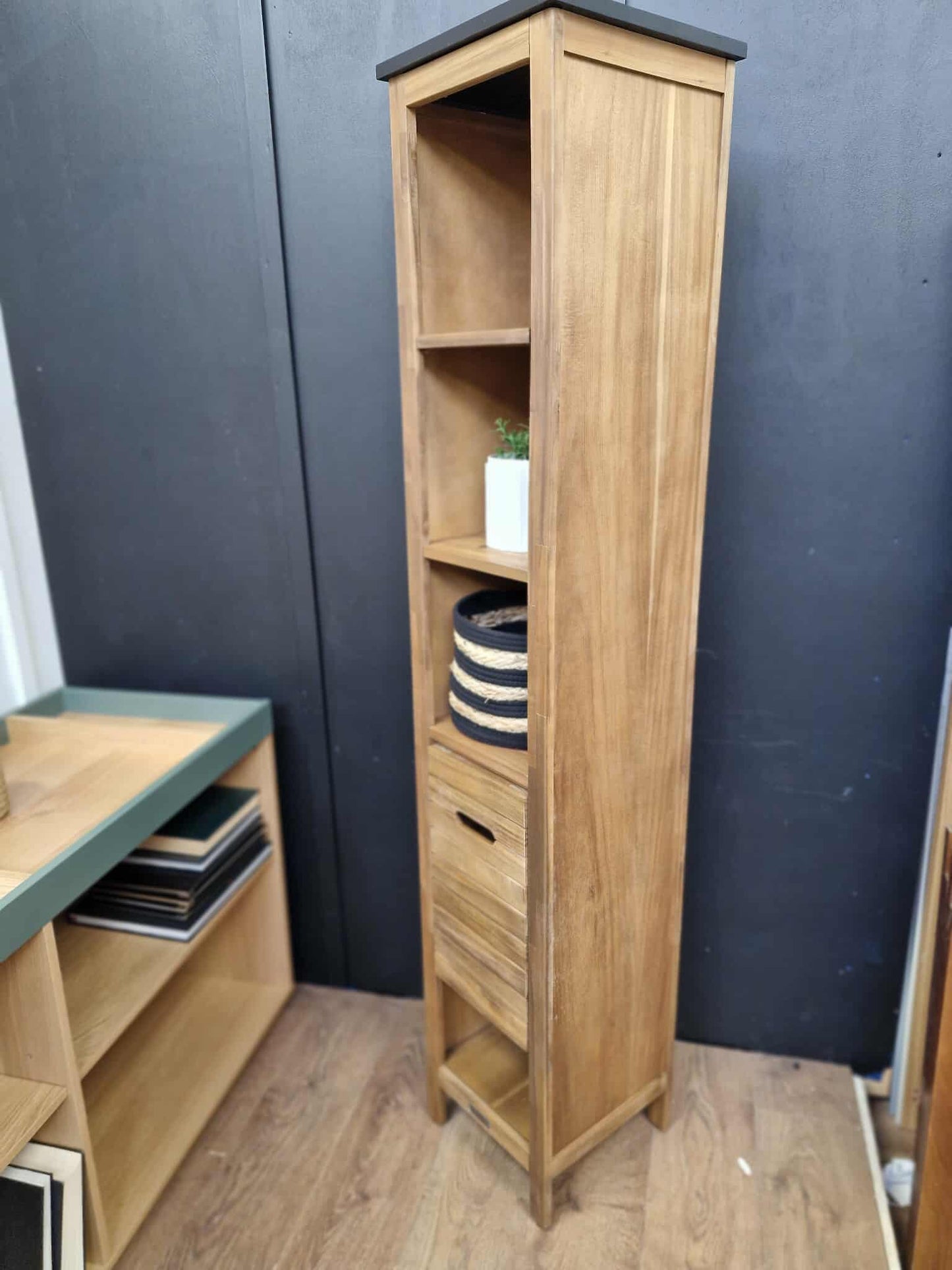 Bathroom Tall and Slim storage unit Acacia and Black Wood / La Redoute Saturne RRP £299