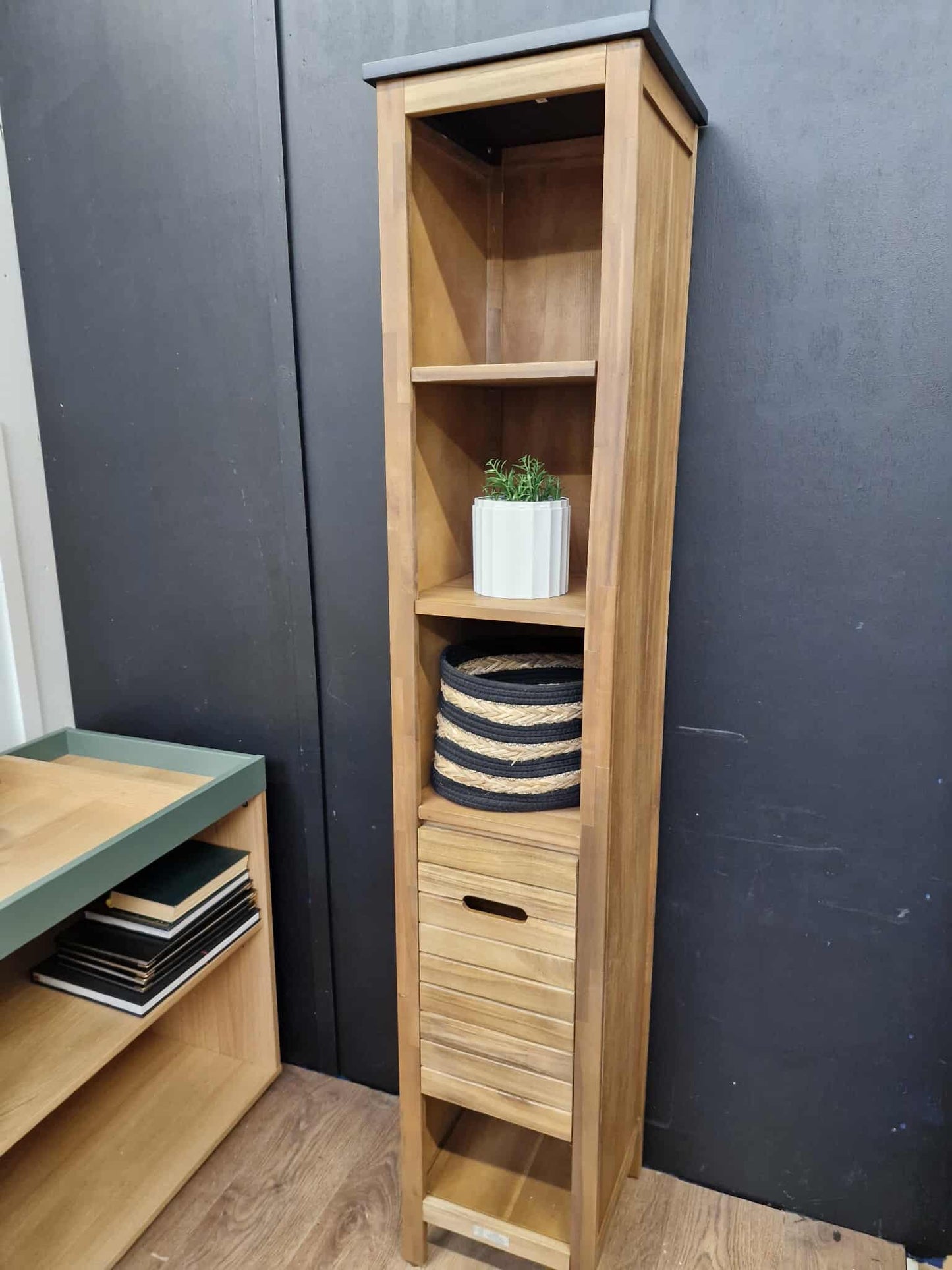 Bathroom Tall and Slim storage unit Acacia and Black Wood / La Redoute Saturne RRP £299