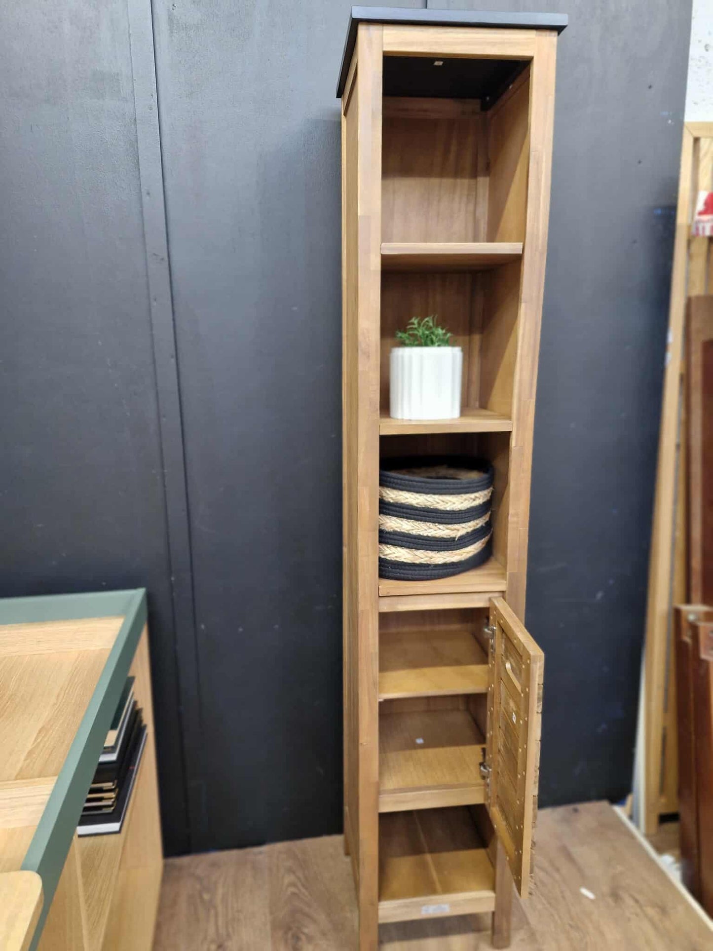 Bathroom Tall and Slim storage unit Acacia and Black Wood / La Redoute Saturne RRP £299