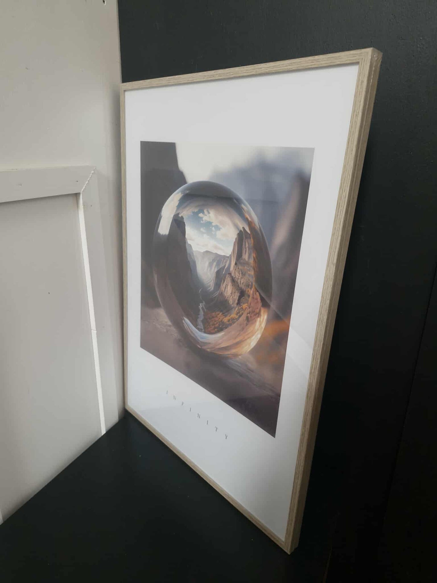 Mountain Print with Glass Ball / clear sphere "INFINITY"