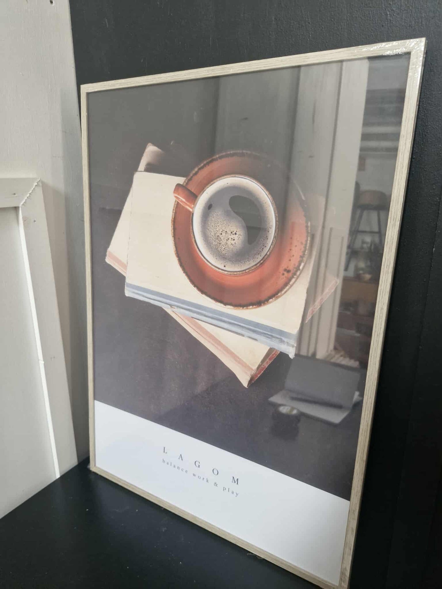 Artwork, framed photo of red cup of tea coffee "Lagom"