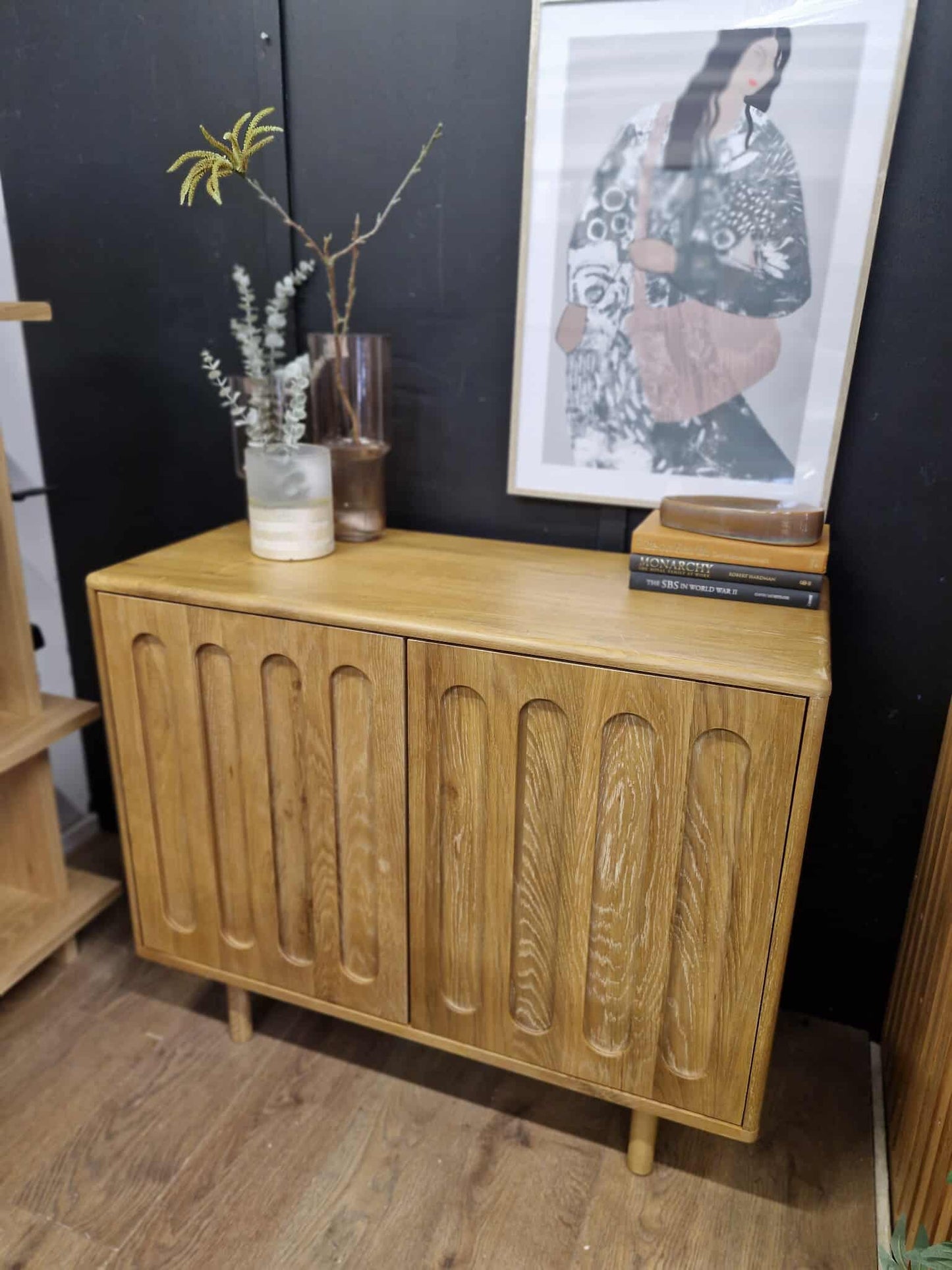 Solid Oak Small Sideboard with arched hardwood panelled doors