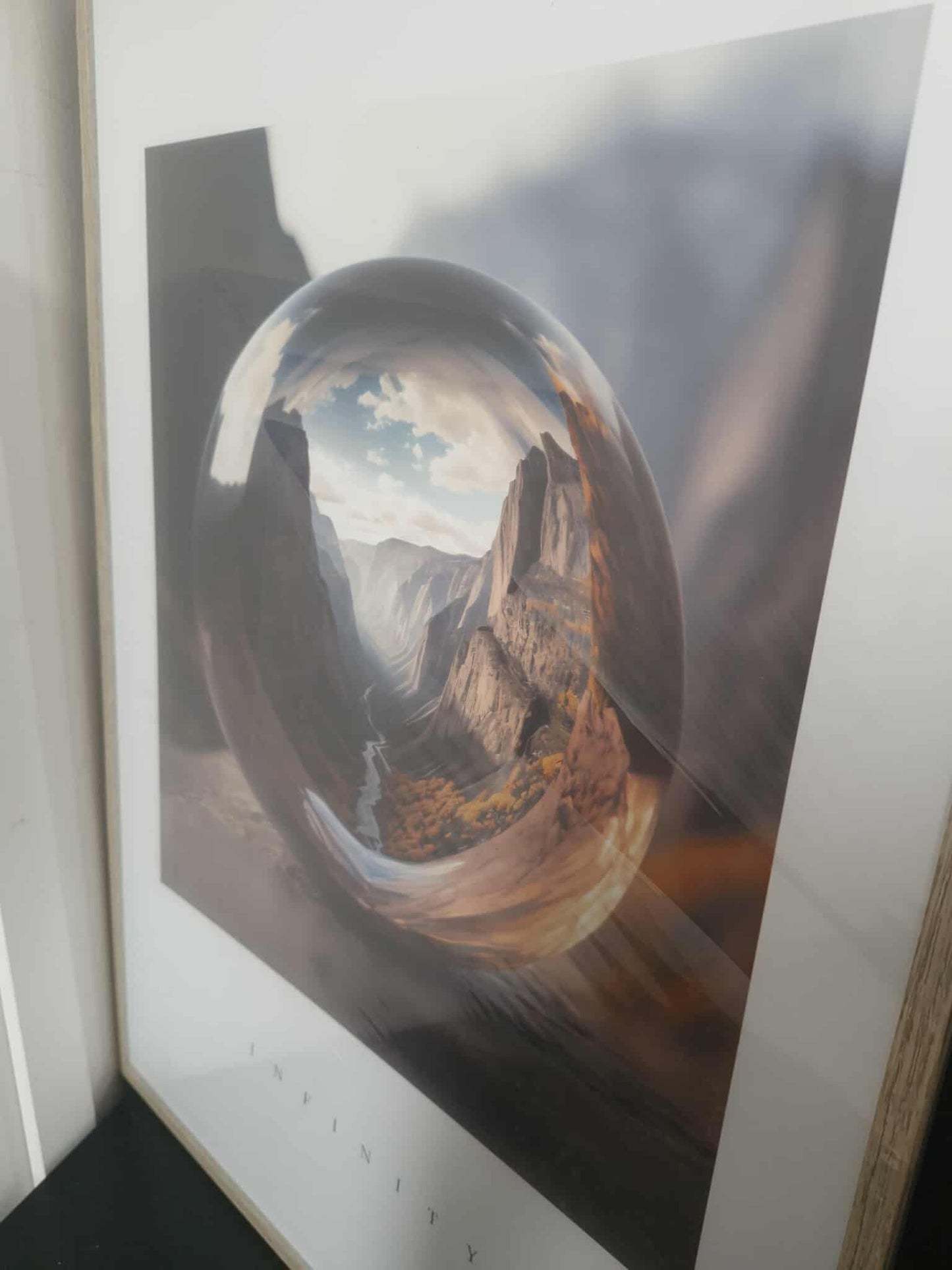 Mountain Print with Glass Ball / clear sphere "INFINITY"