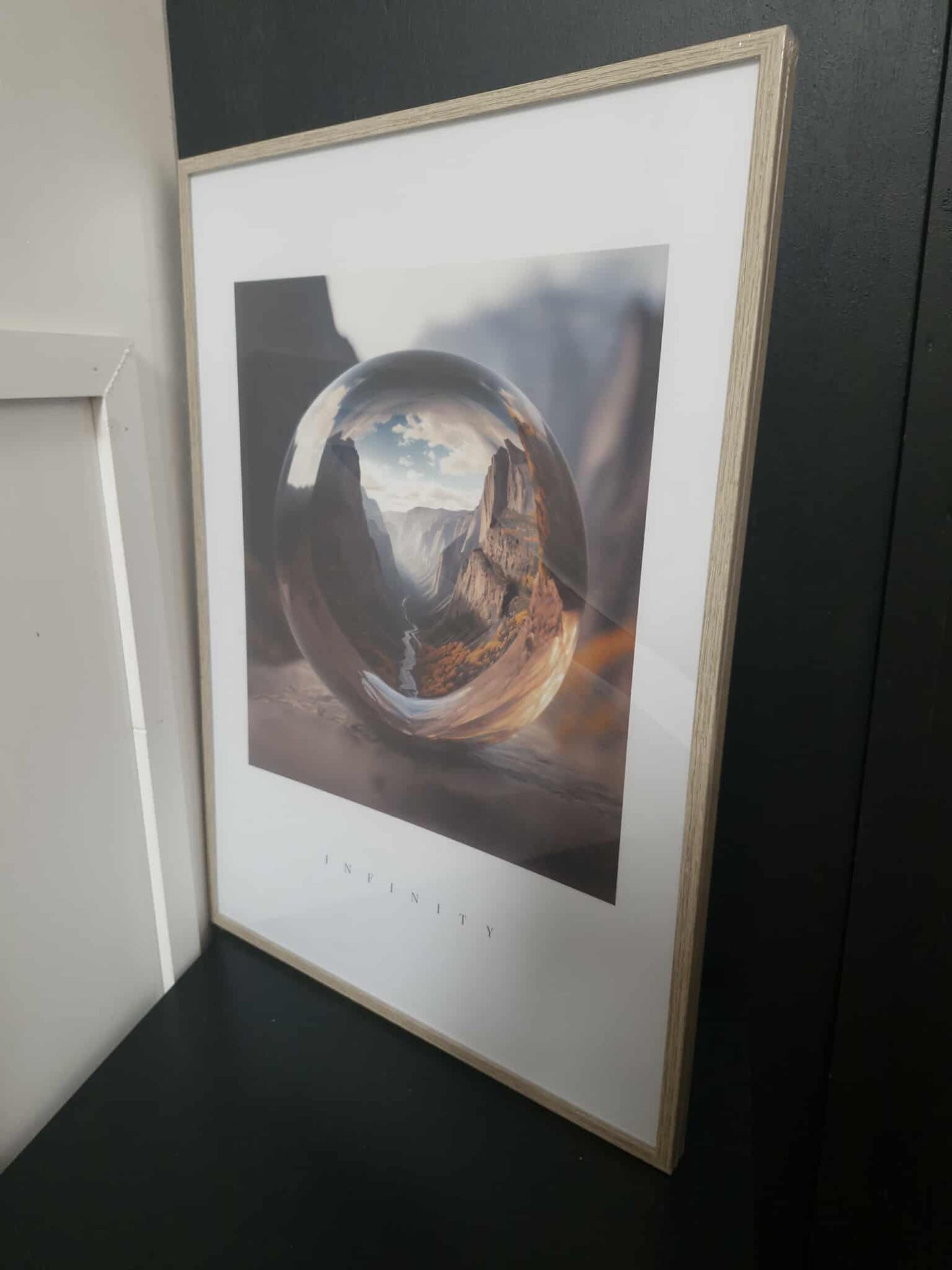Mountain Print with Glass Ball / clear sphere "INFINITY"