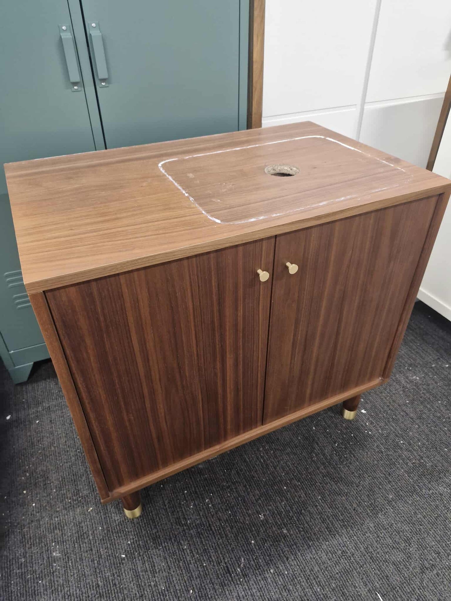 Walnut and brass Bathroom Vanity Sink Unit