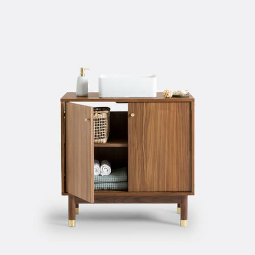 Walnut and brass Bathroom Vanity Sink Unit