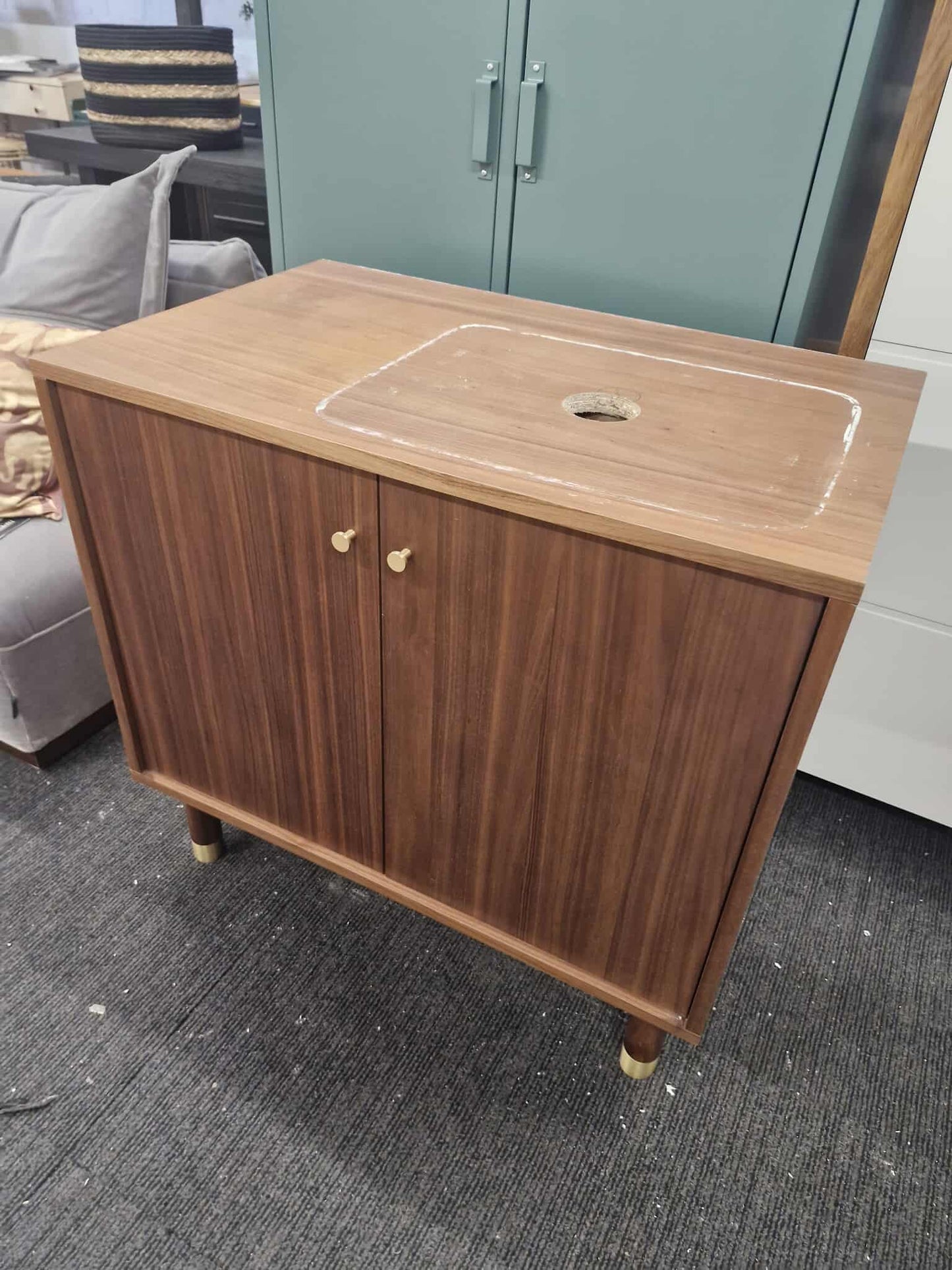 Walnut and brass Bathroom Vanity Sink Unit