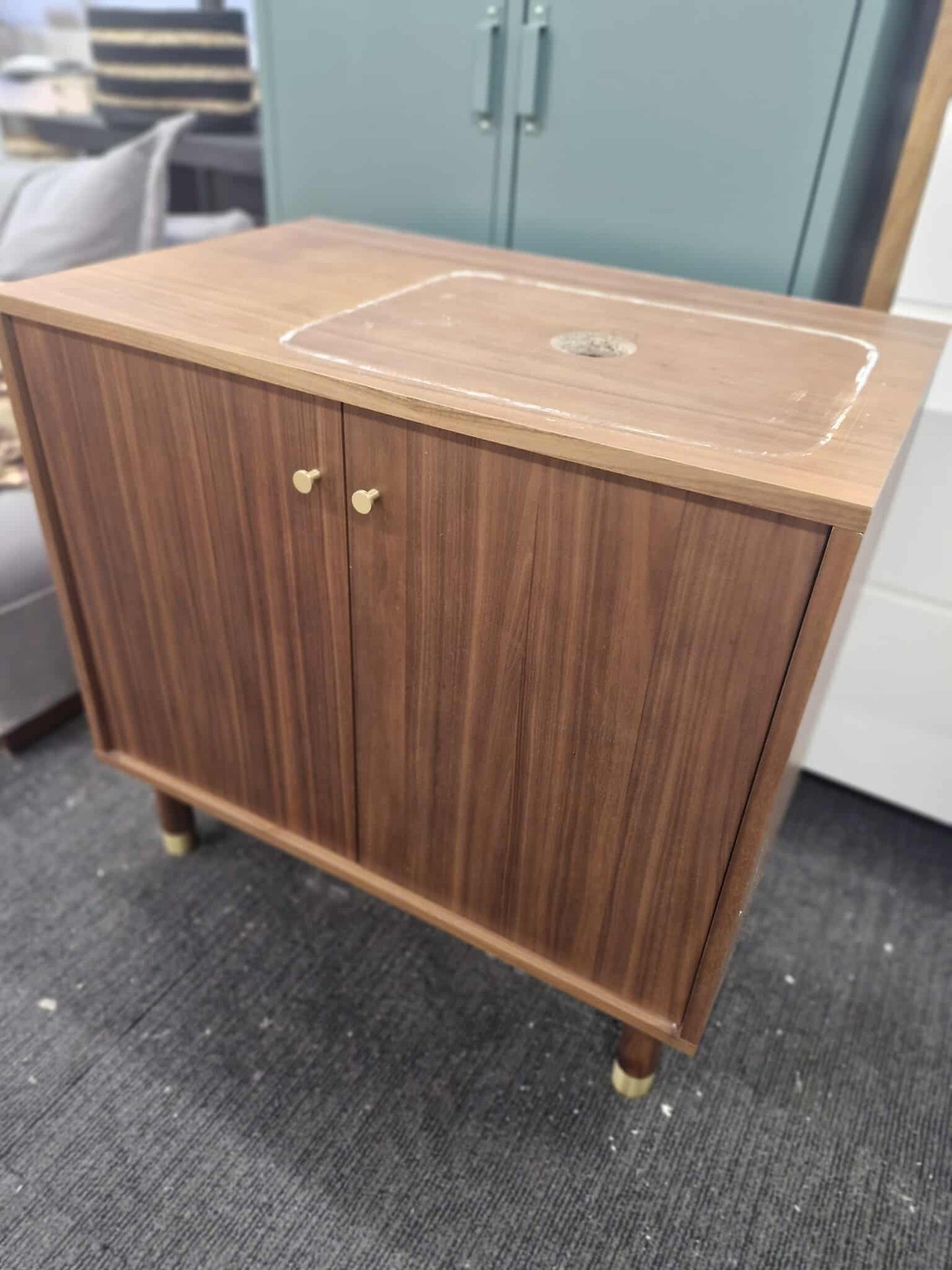 Walnut and brass Bathroom Vanity Sink Unit