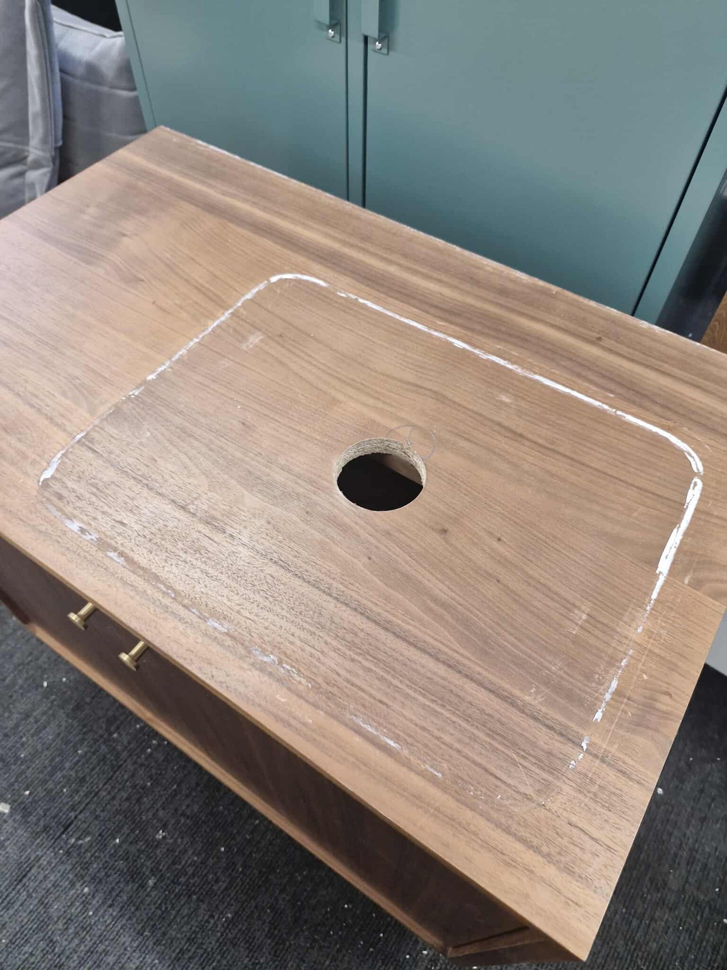 Walnut and brass Bathroom Vanity Sink Unit