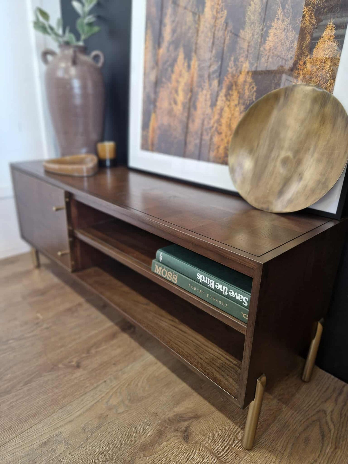 Small Dark wood TV stand with gold details