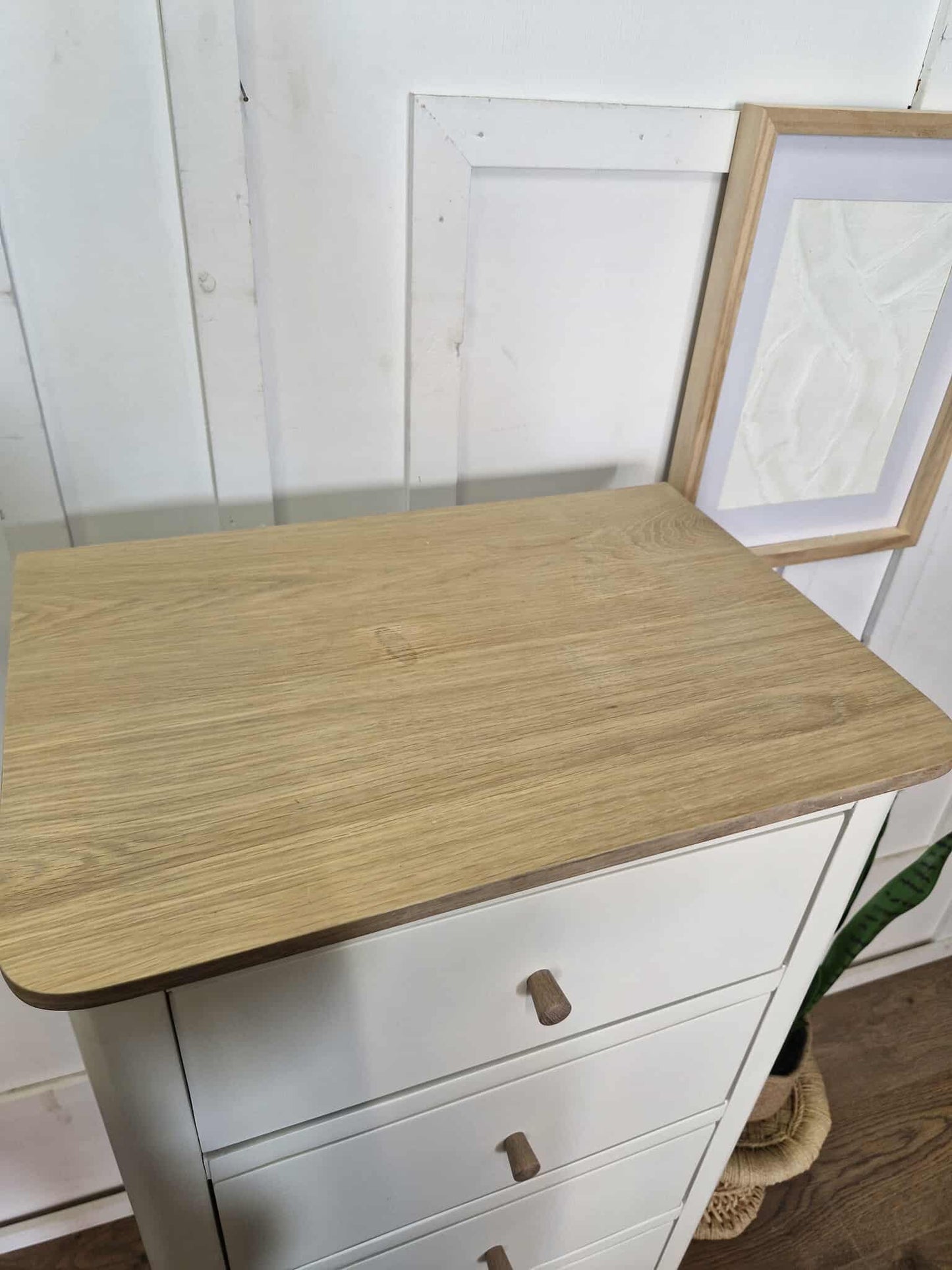 Wood and Off-White Tallboy with 5 Drawers