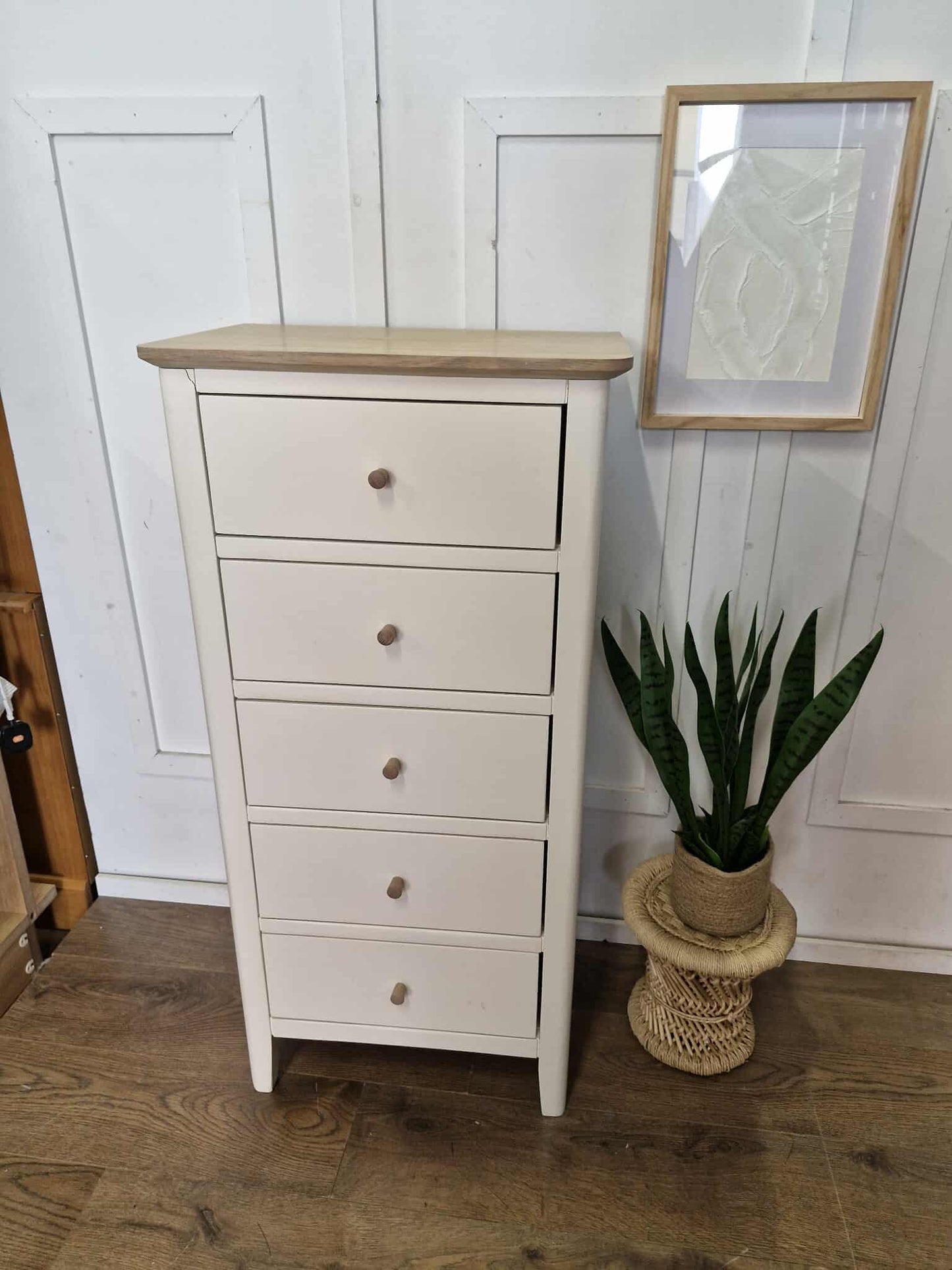 Wood and Off-White Tallboy with 5 Drawers