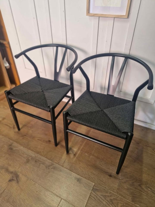 Black metal and rope dining chairs, set of 2