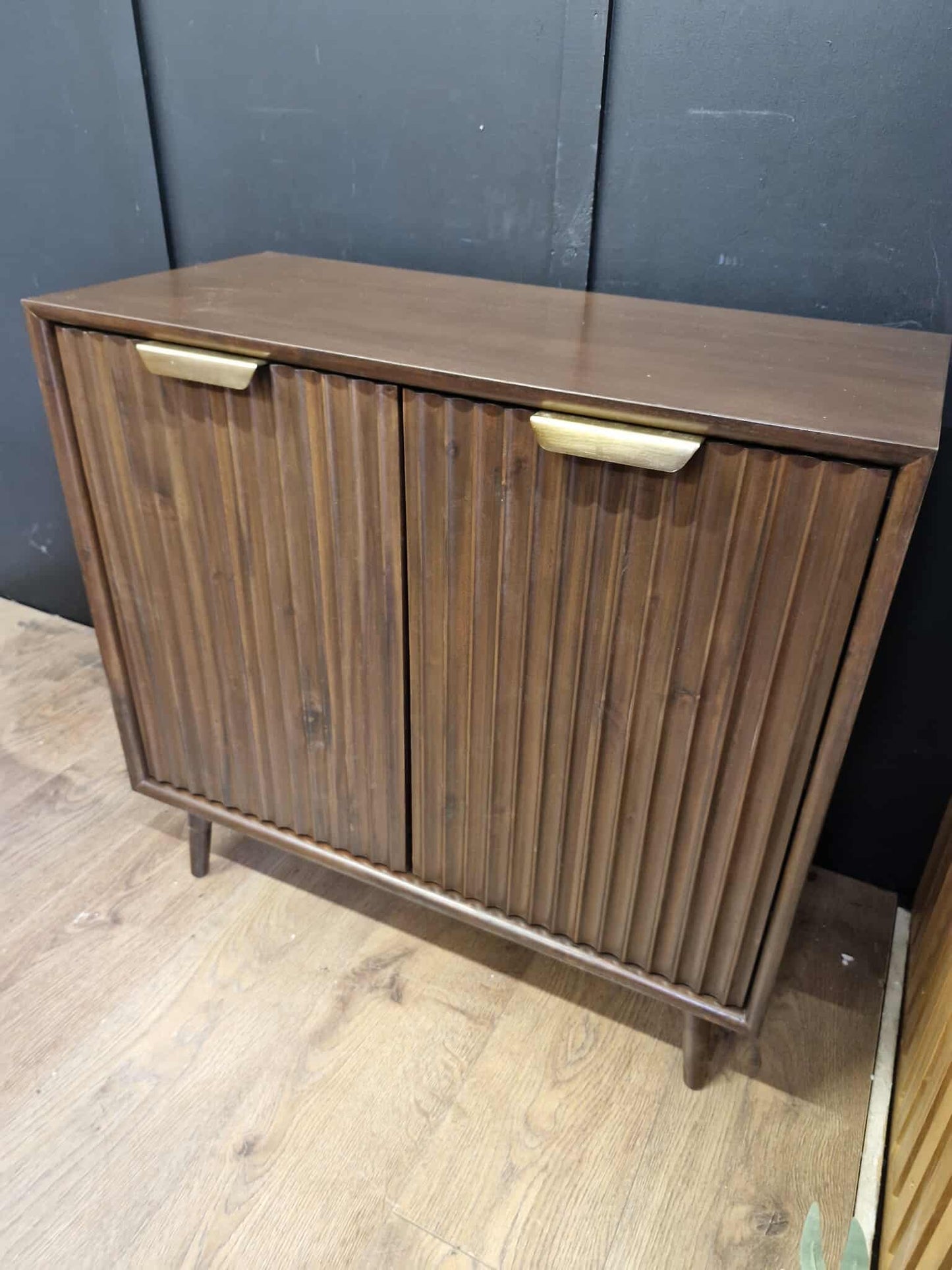 Dark Wood Walnut 2 Door Cupboard / Small Sideboard with fluted / ridged doors