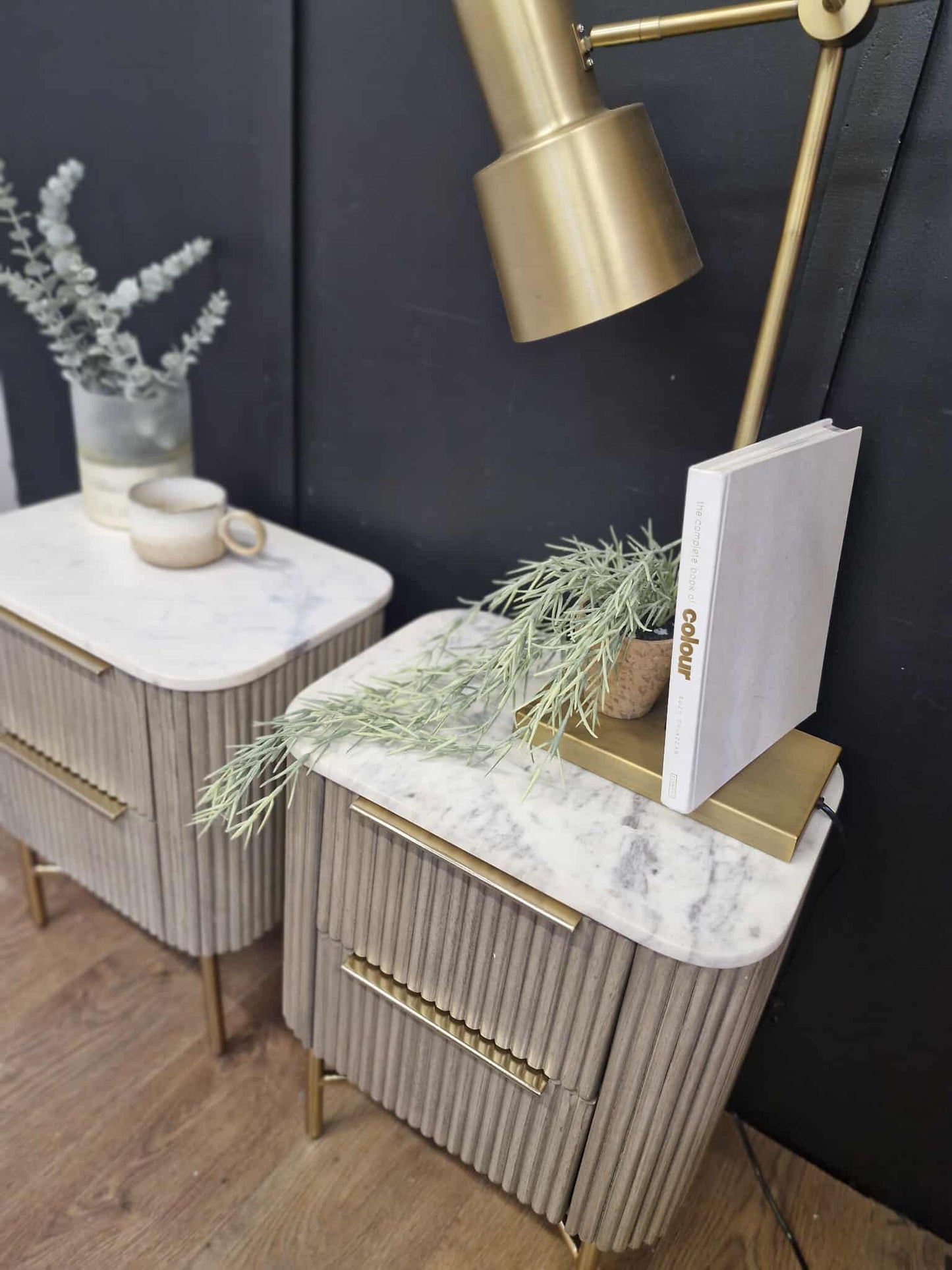 Bedside Tables, set of 2 / Marble and Grey Solid Wood