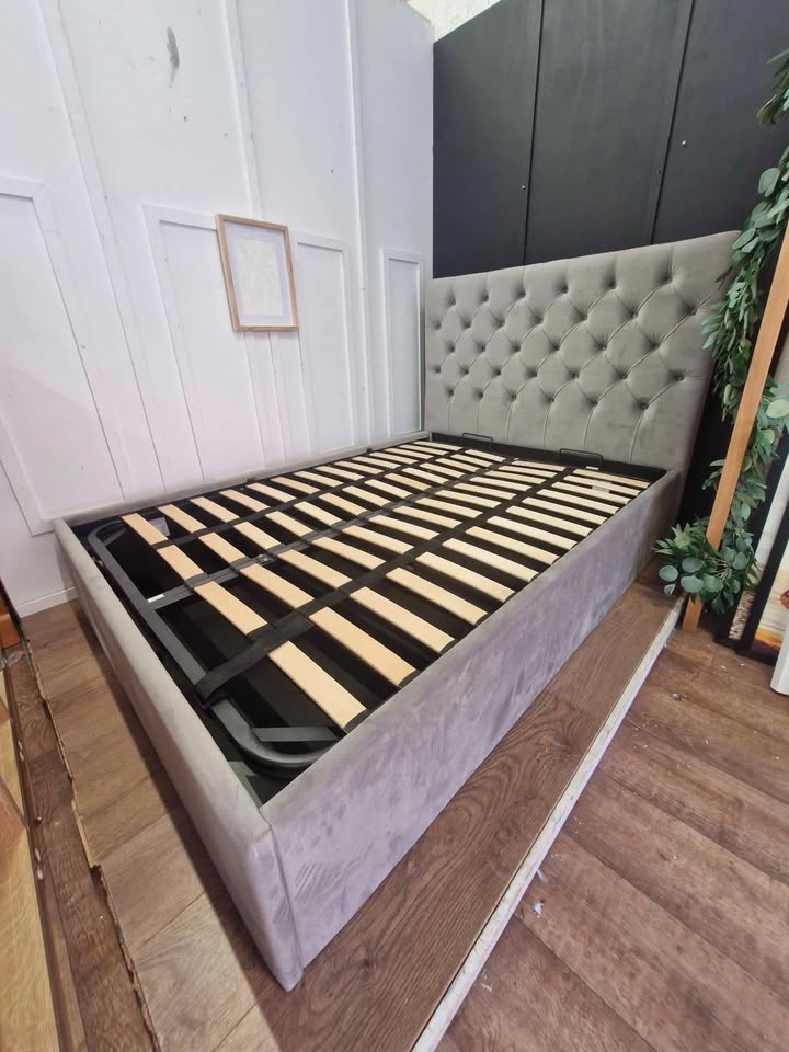 Double grey velvet ottoman storage bed / Made.com Skye