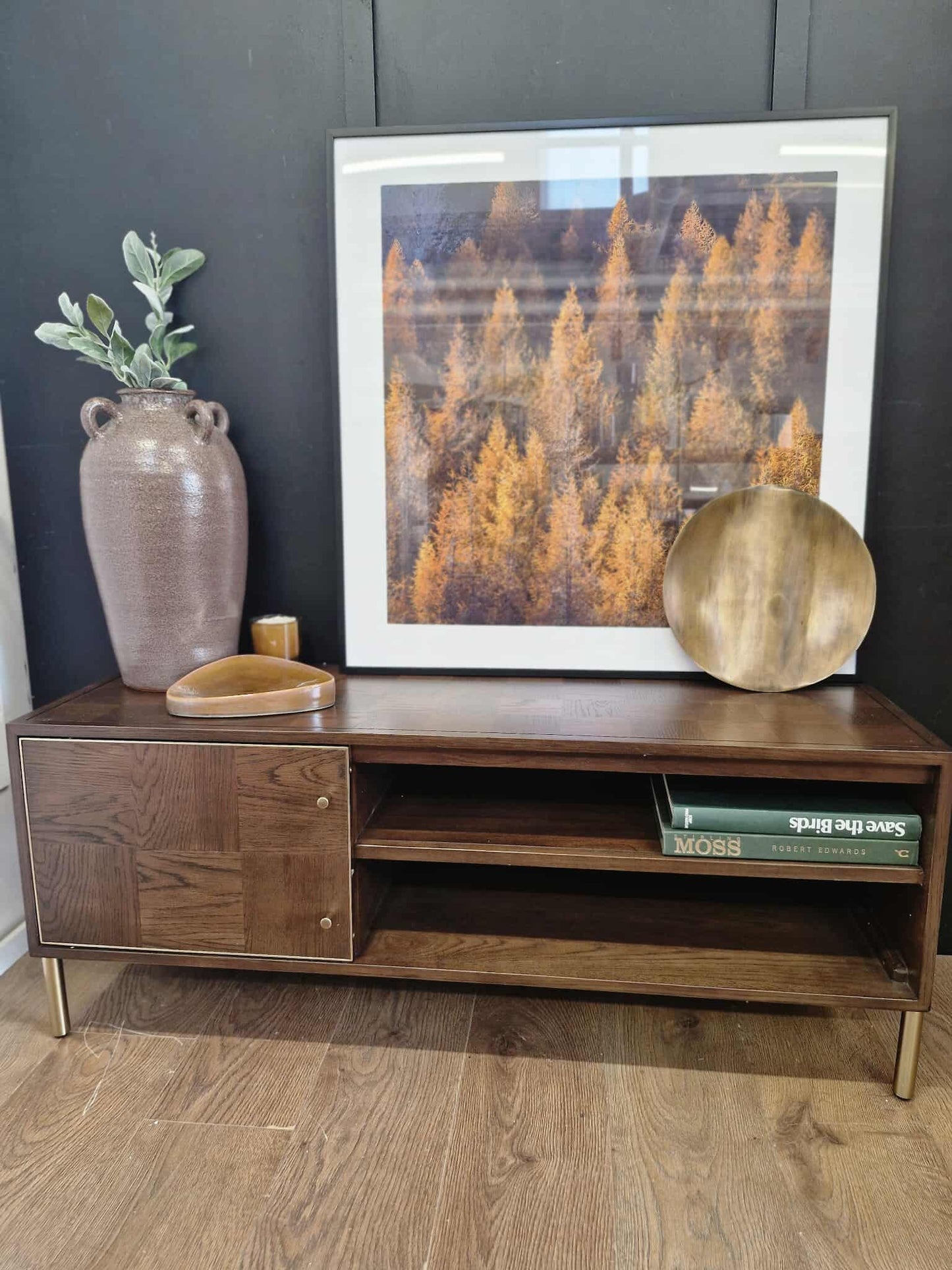 Small Dark wood TV stand with gold details