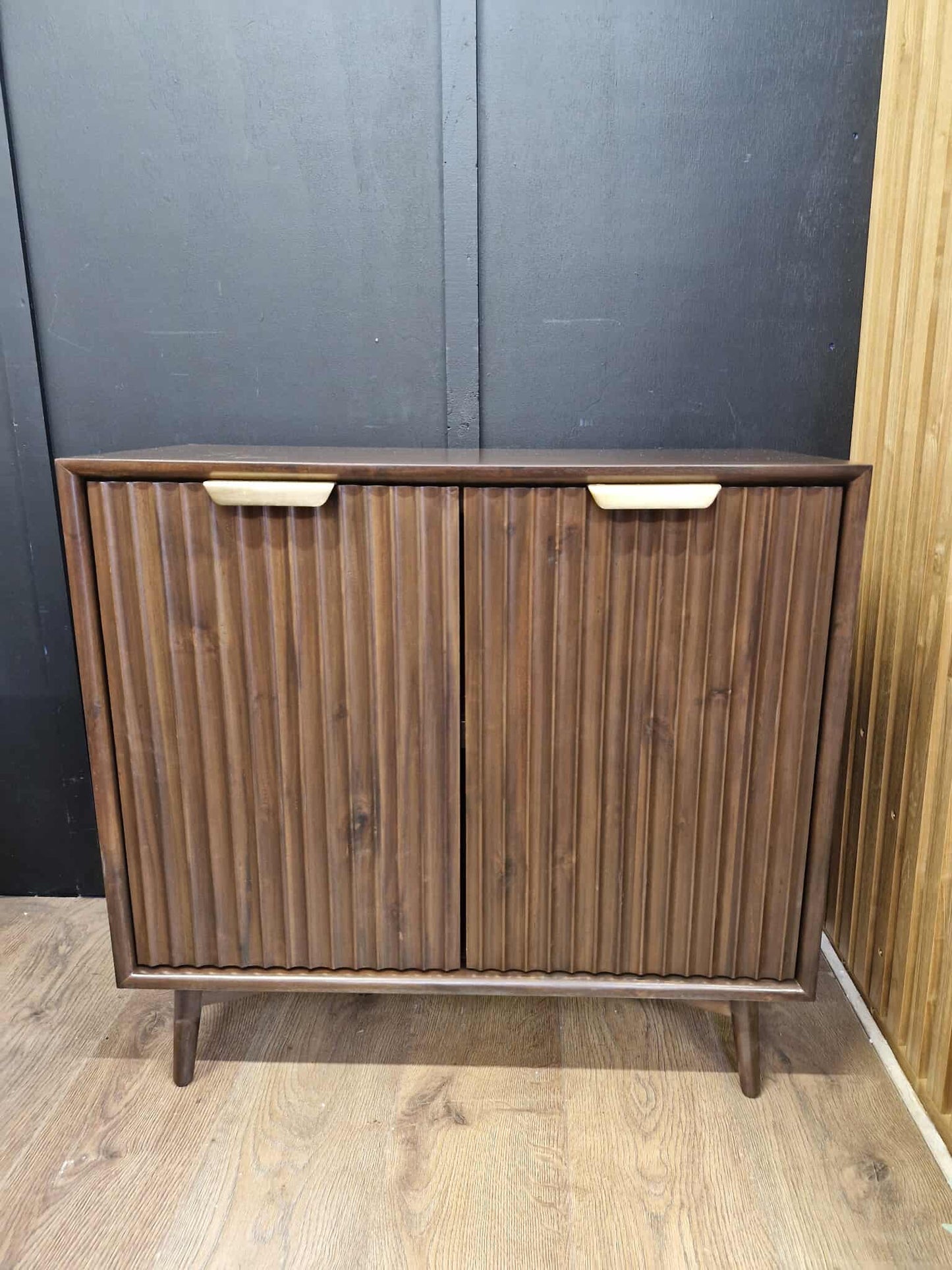 Dark Wood Walnut 2 Door Cupboard / Small Sideboard with fluted / ridged doors