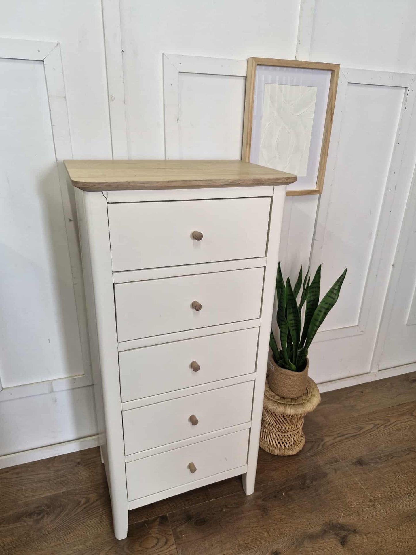 Wood and Off-White Tallboy with 5 Drawers