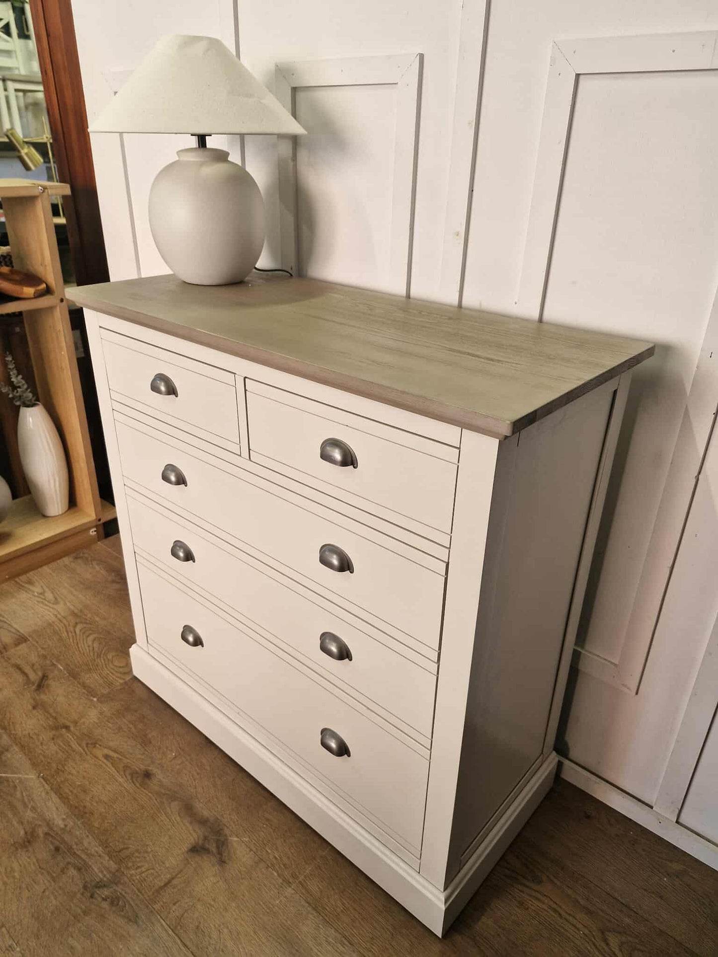 Off White and Grey Solid Wood Chest of 5 Drawers / Oak FurnitureLand Brompton RRP £579