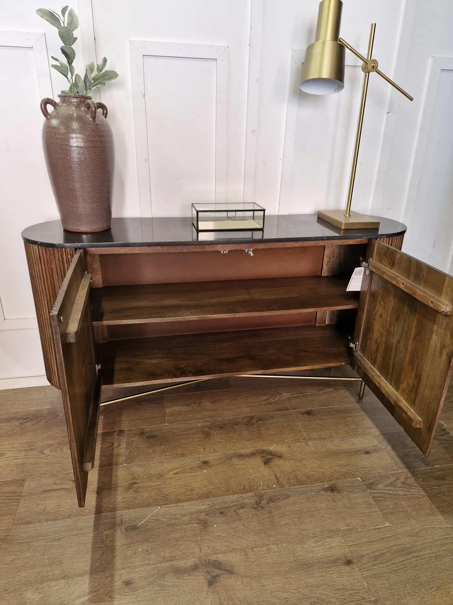 Black Marble and Dark Solid Wood Sideboard