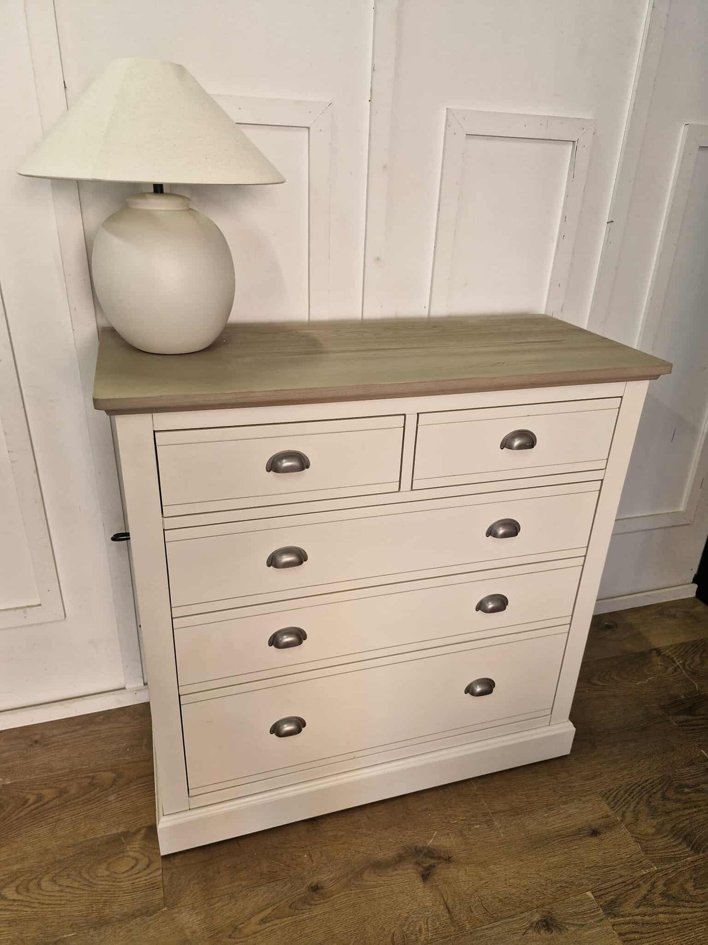 Off White and Grey Solid Wood Chest of 5 Drawers / Oak FurnitureLand Brompton RRP £579