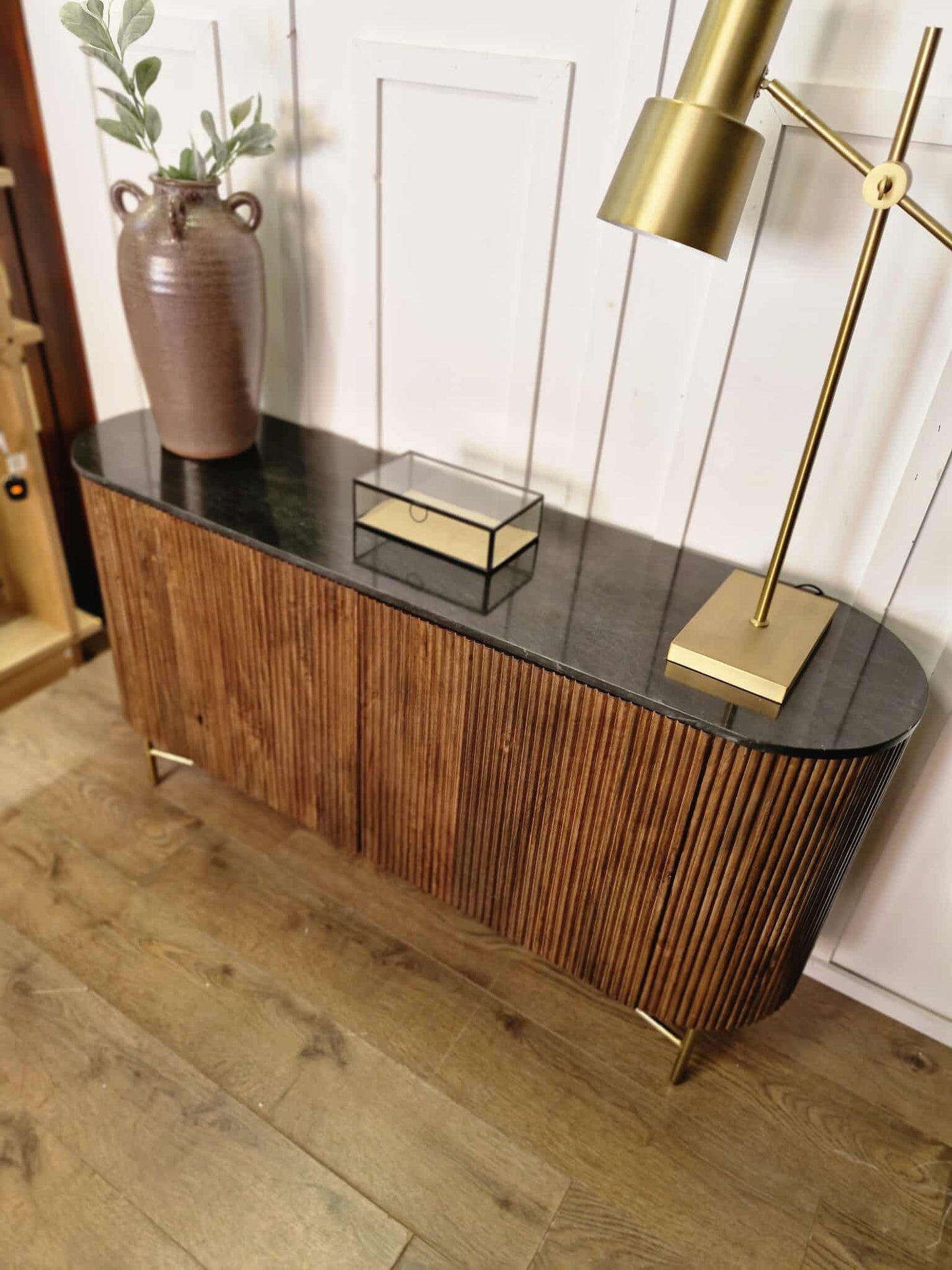 Black Marble and Dark Solid Wood Sideboard