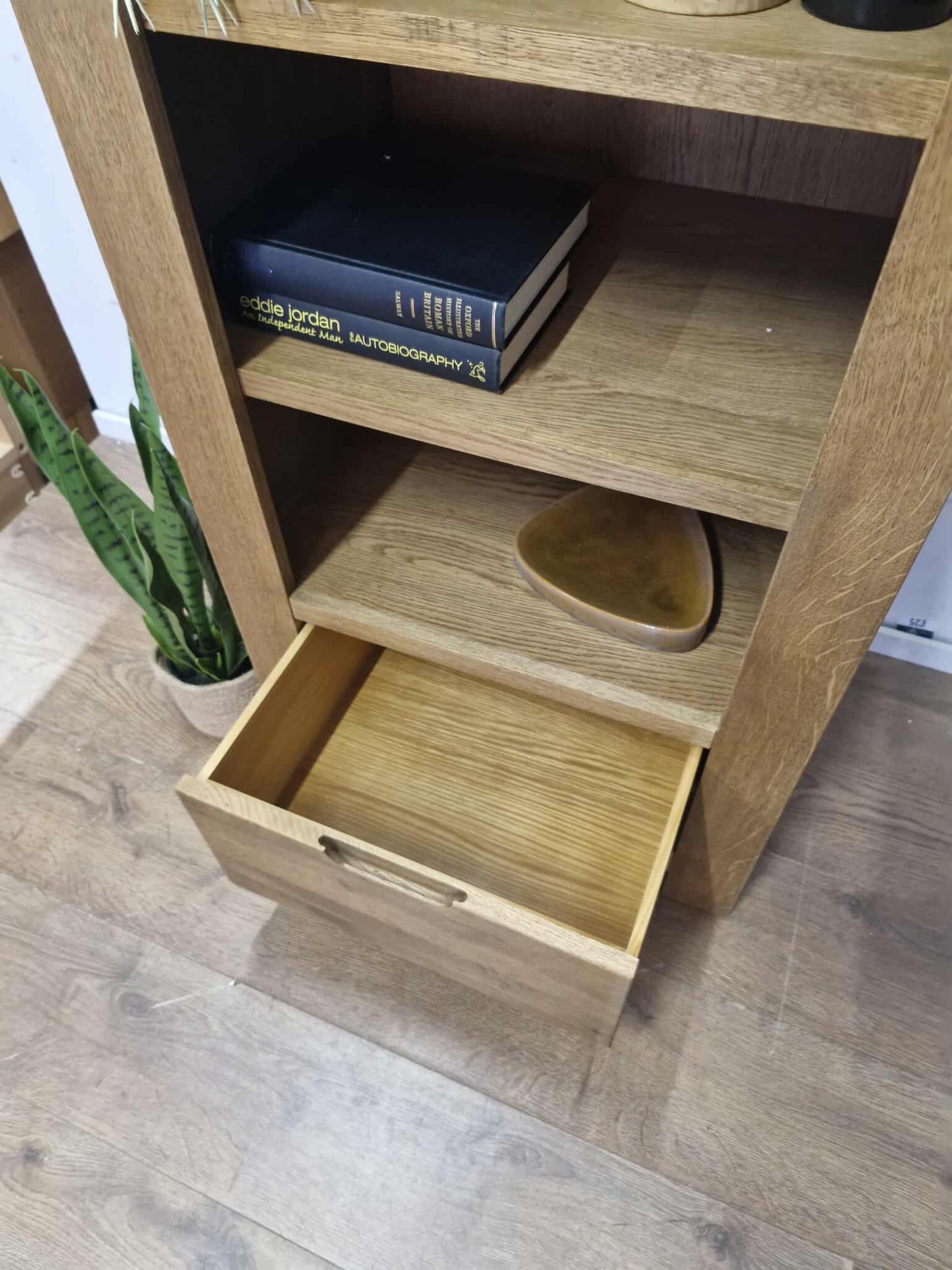 Oak Slim Bookcase / Tower Unit with drawer