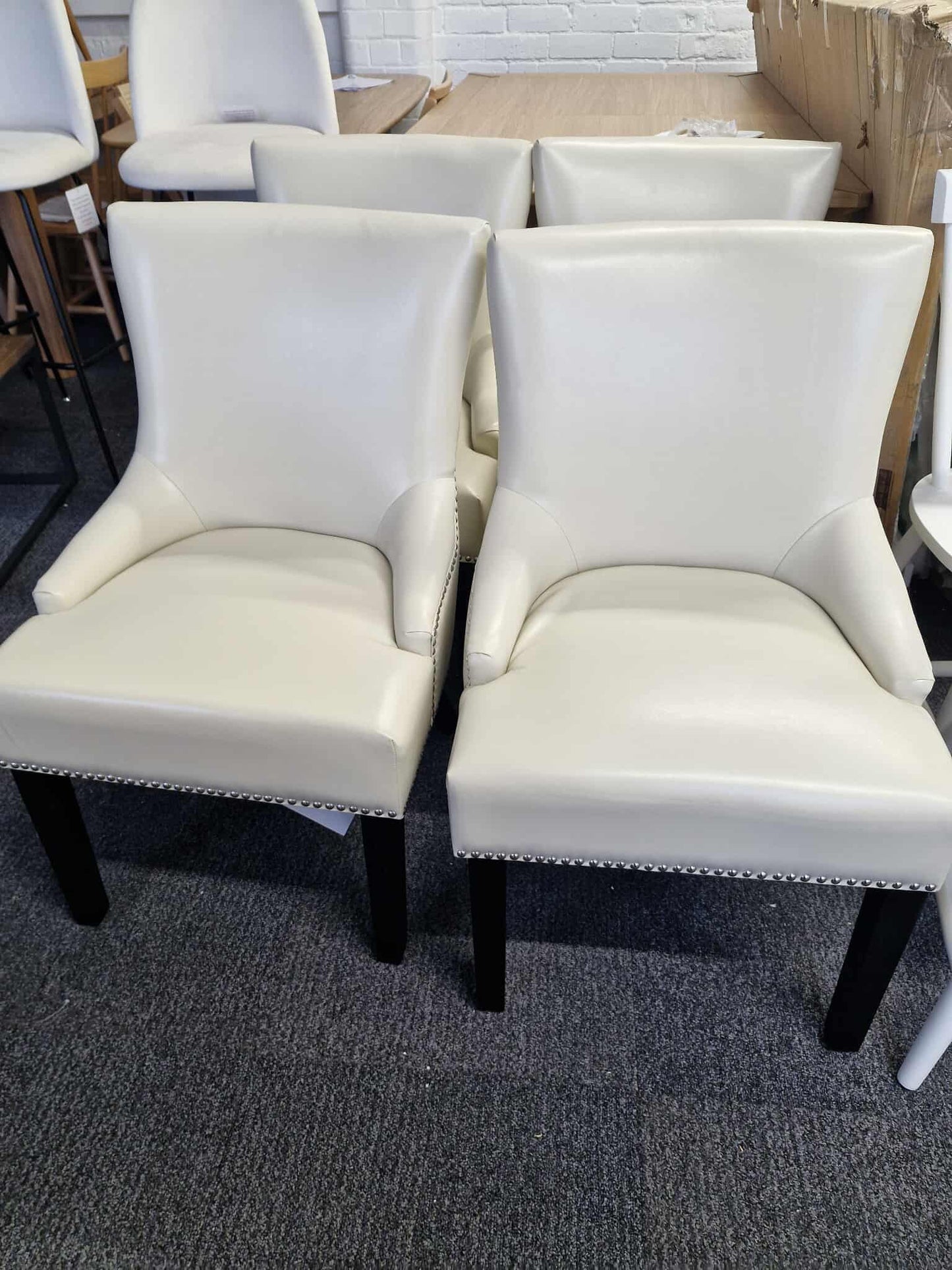 Cream Faux Leather, Studs and Black Legs / Set of 4 Dining Chairs
