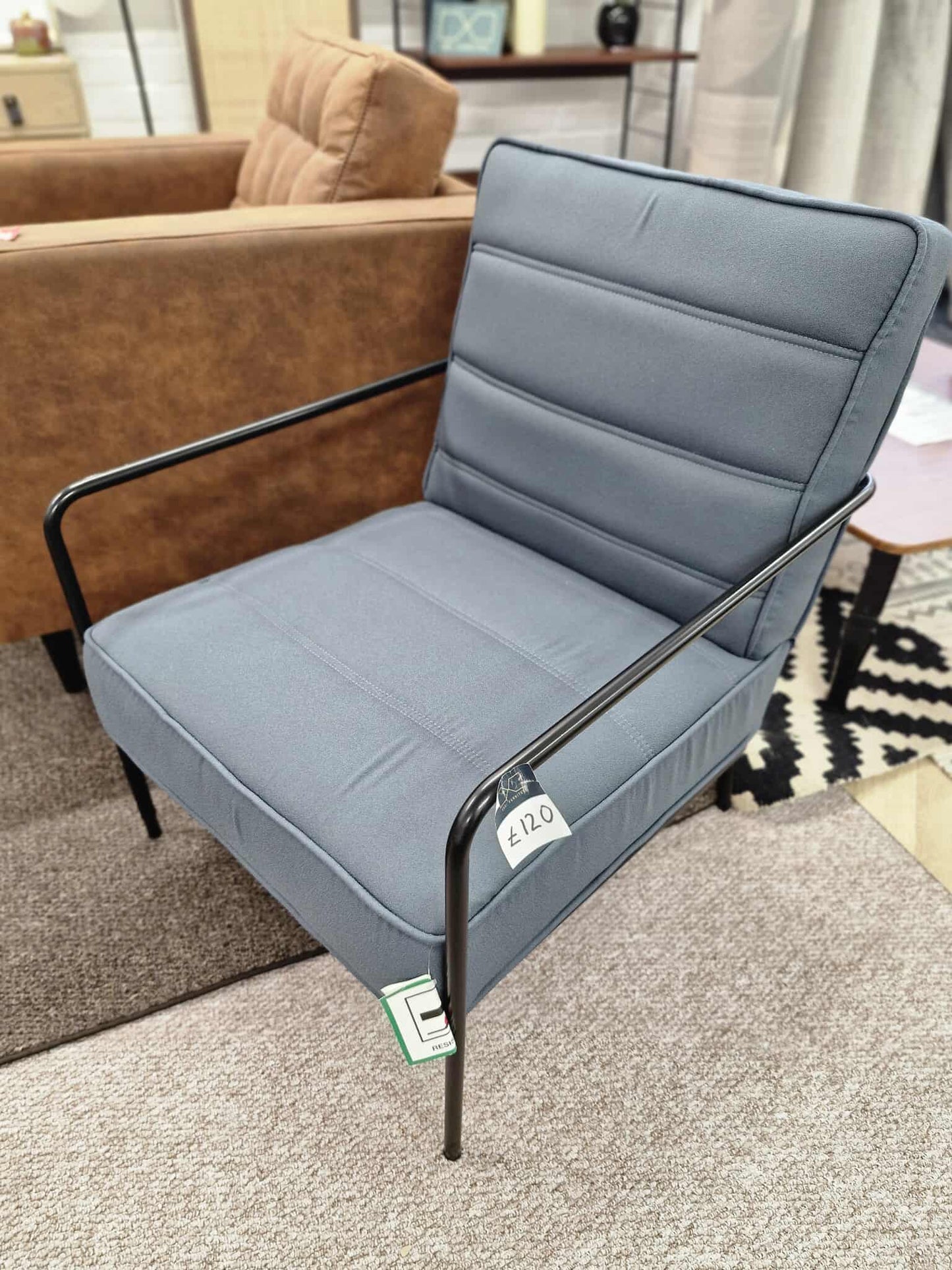 Grey Blue Armchair with Black Metal Frame