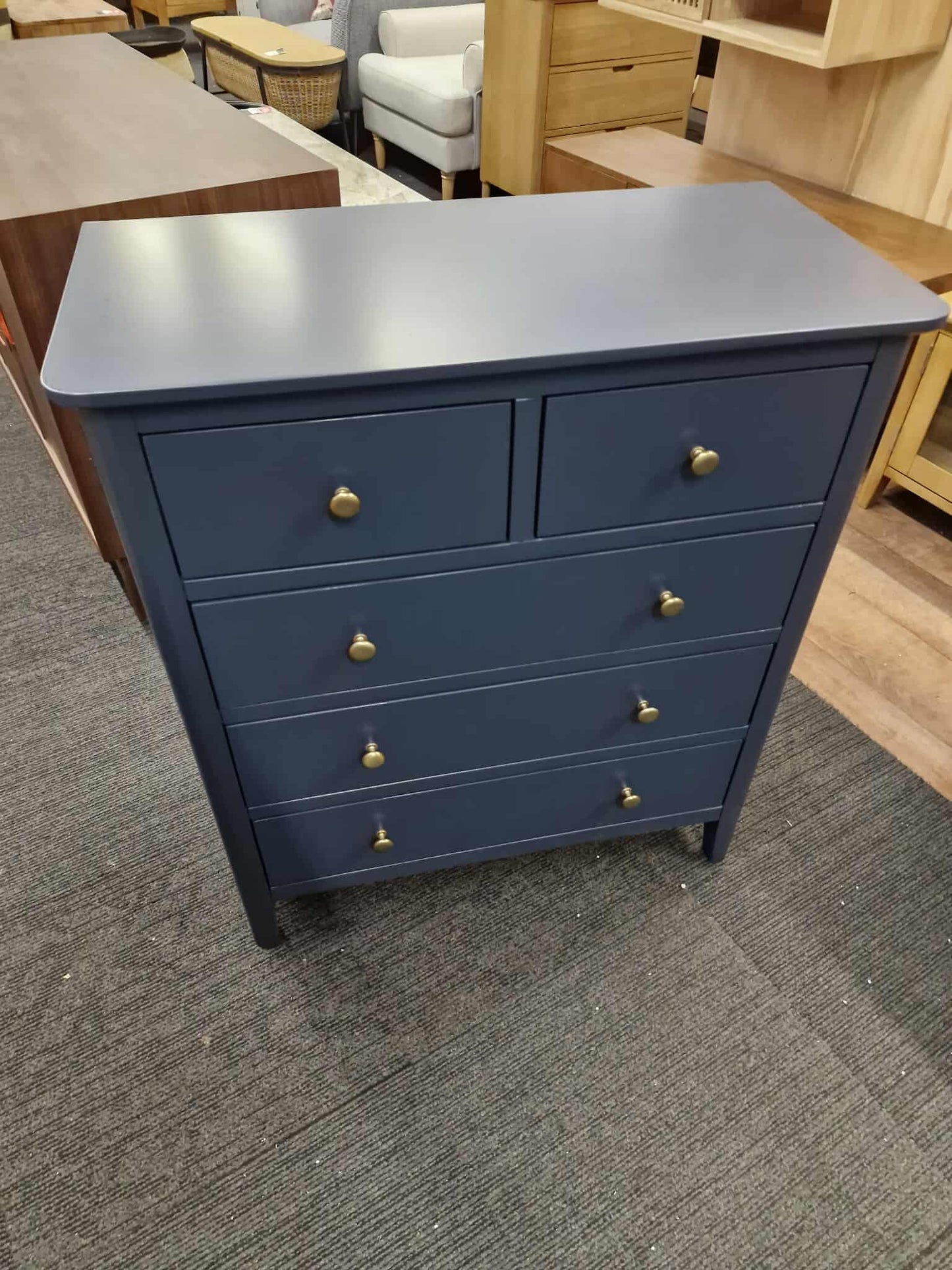 Blue High Chest of 5 Drawers with Brass Handles