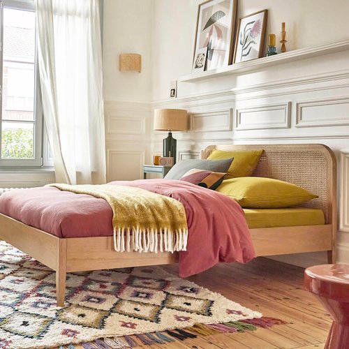 King Oak and Rattan Retro style bed (Eu King 160cm)