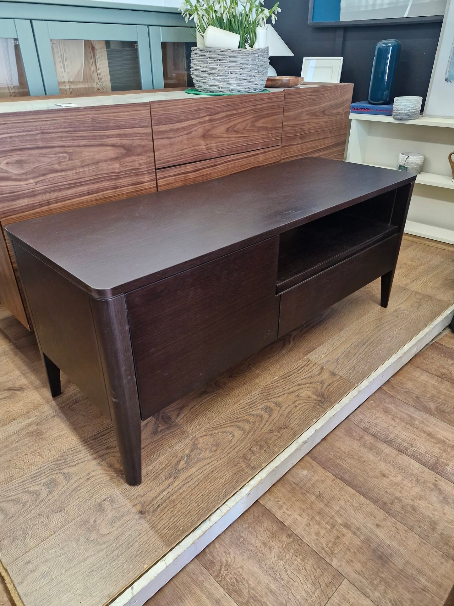 Dark Wood TV Stand Unit with drawer, doors and open shelf