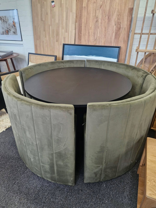 Round Dining Set- Black Ribbed Base Base Dining Table and 4 Olive Green Velvet Chairs / Curved Round Bench