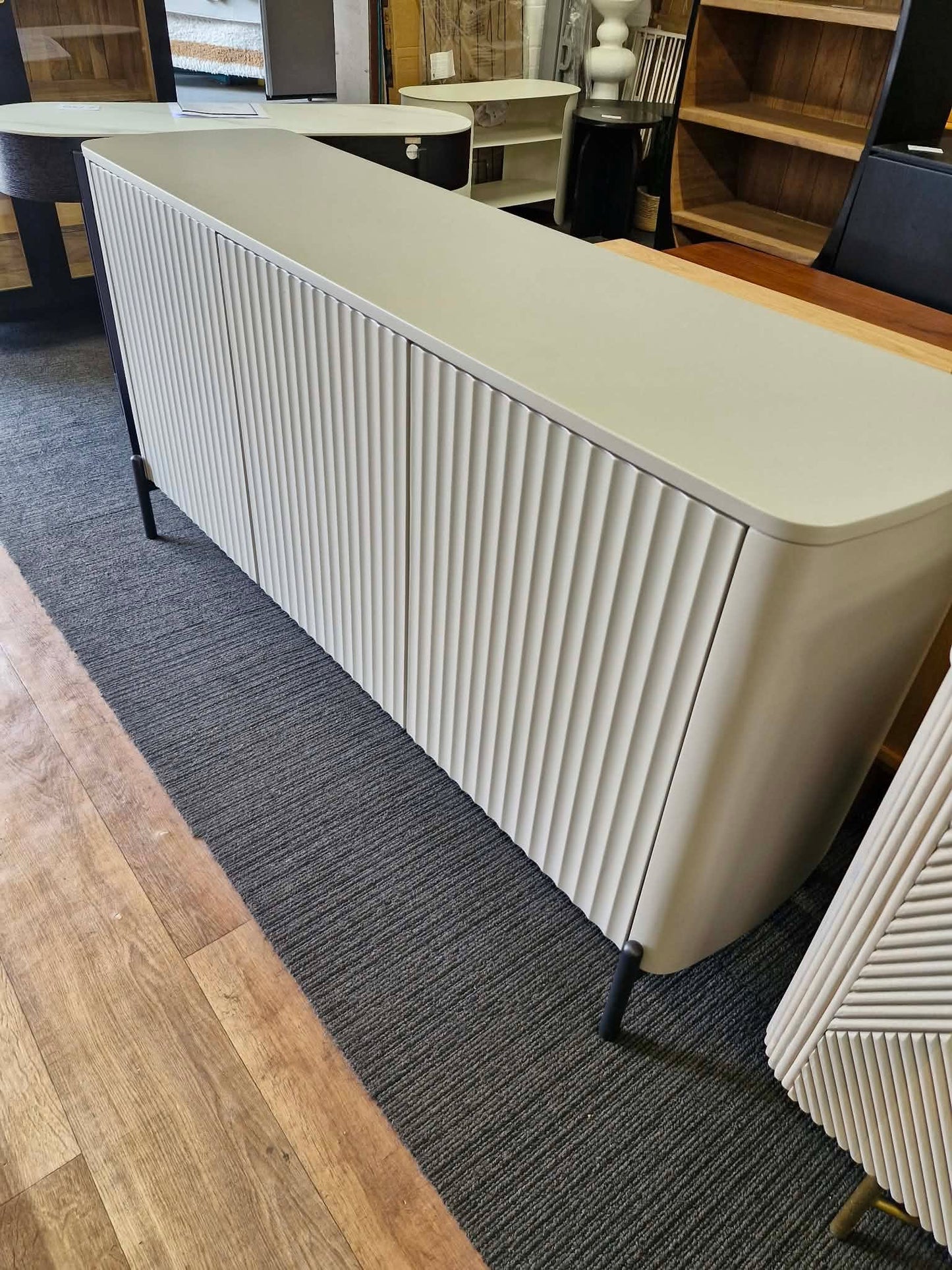 Large Grey Sideboard with 3 Doors / Grooved / Ribbed