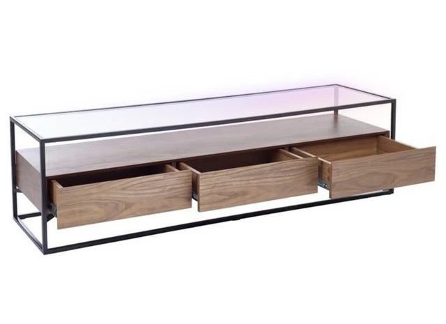 Dark Walnut Wood Tv Unit with black metal frame, glass Top and 3 storage drawers