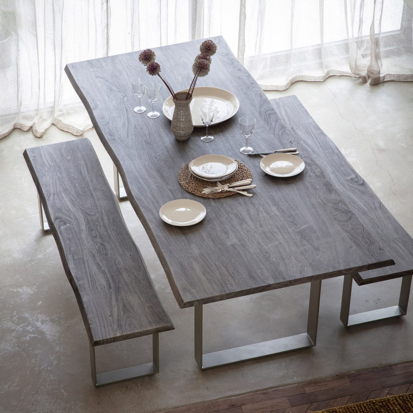 Grey Washed Solid Wood and Silver Dining Table / NEXT Maryland 6 Seater RRP £885
