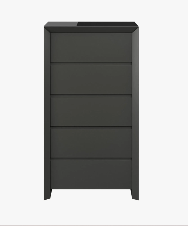 5 Drawer Tall Chest Tallboy Cabinet Storage Matt Dark Grey and Glass