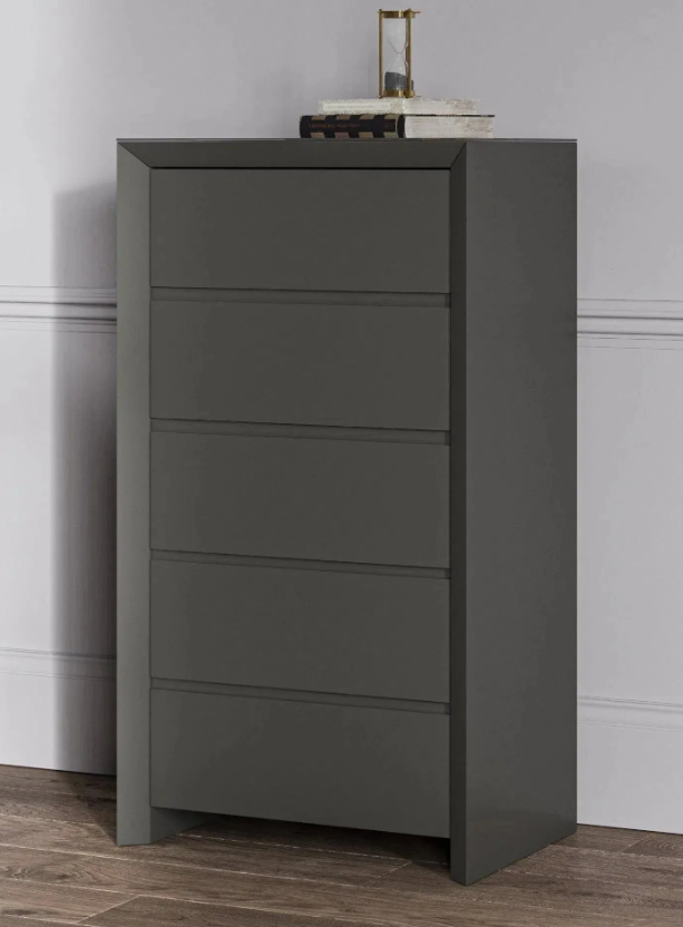 5 Drawer Tall Chest Tallboy Cabinet Storage Matt Dark Grey and Glass