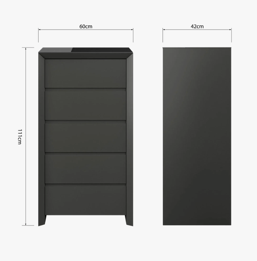 5 Drawer Tall Chest Tallboy Cabinet Storage Matt Dark Grey and Glass