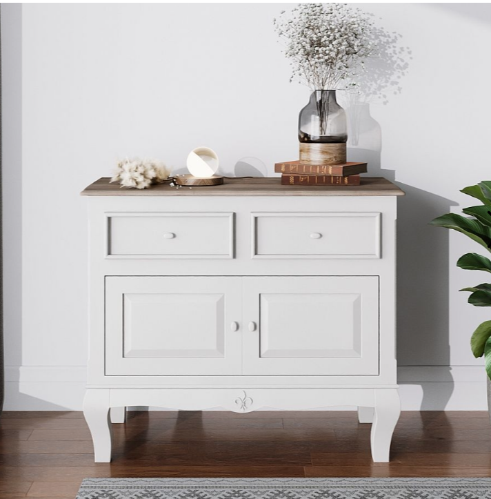 Solid wood White and Wood Cabinet / Urban Deco Fleur Distressed Painted French Style