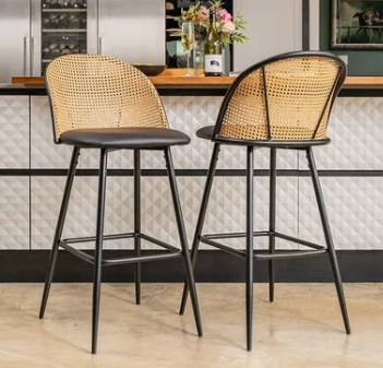 Set of 4 Barstools- Black and Rattan