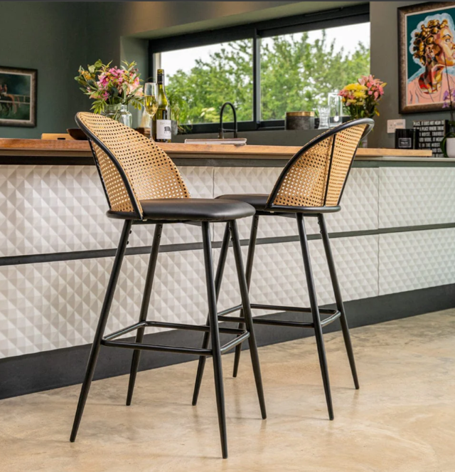 Set of 4 Barstools- Black and Rattan