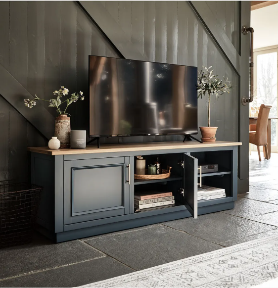 Solid Oak TV Stand / Smoked Oak and Ink Blue / Oak FurnitureLand Richmond
