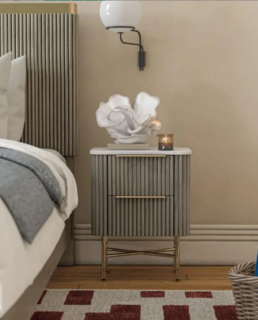 Bedside Tables, set of 2 / Marble and Grey Solid Wood