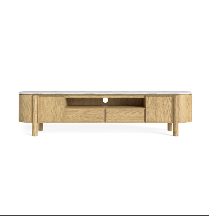 Wood and Marble Wide Media Unit / Low Tv Stand