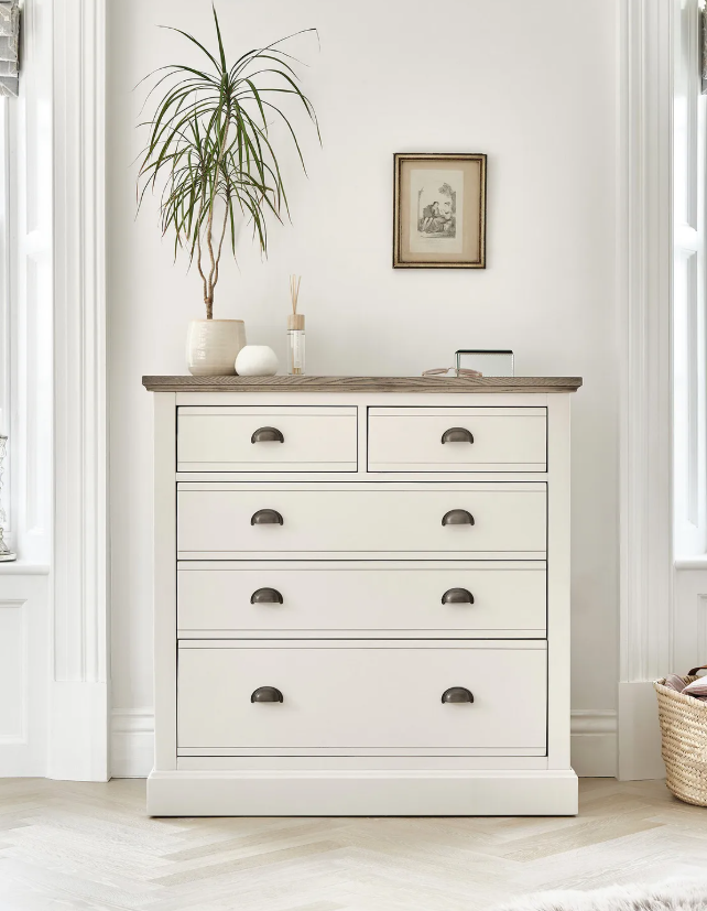 Off White and Grey Solid Wood Chest of 5 Drawers / Oak FurnitureLand Brompton RRP £579